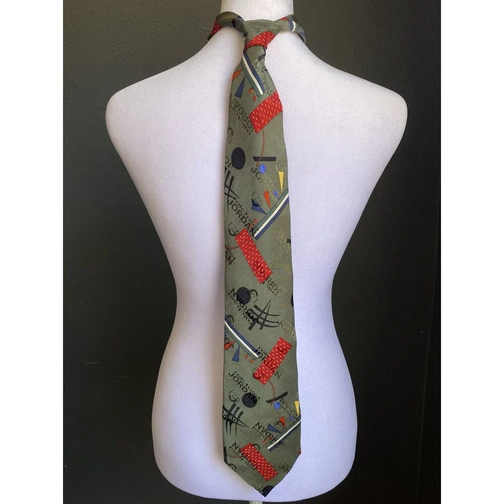 Vtg Michael Jordan Olive Green Silk Necktie Bugatchi Uomo Geometric Sportswear